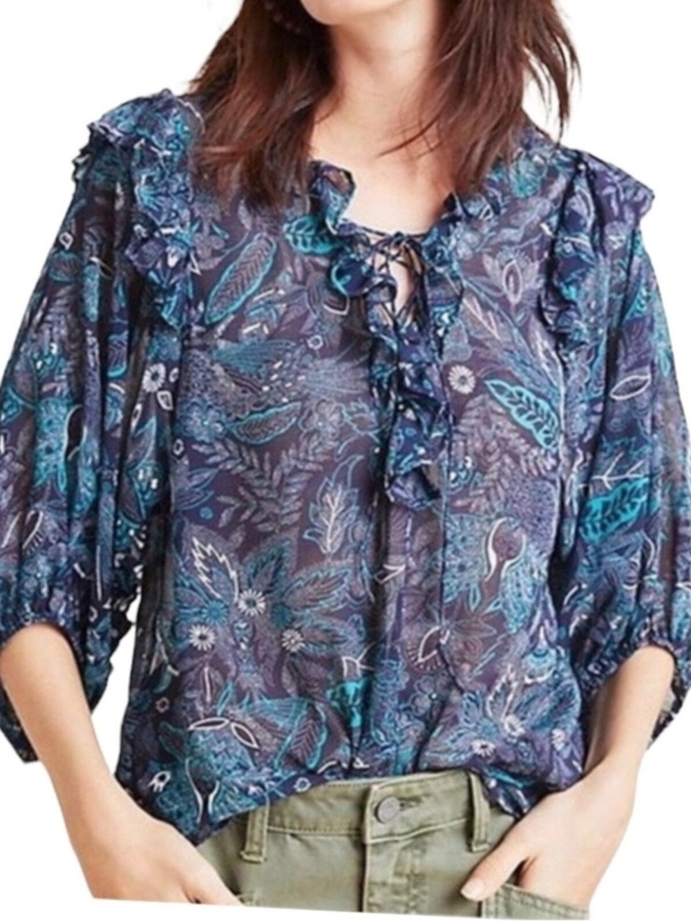 Anthropologie Navy & Teal Floral Ruffled Tie-Neck Blouse